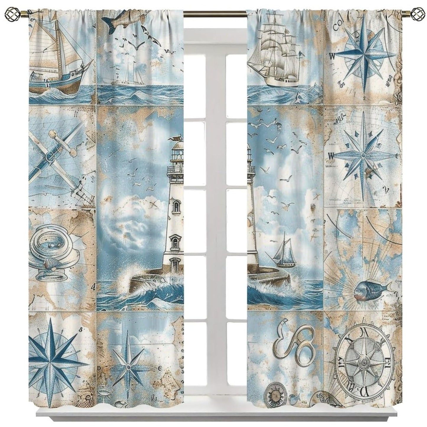 TOWINSFB Nautical Journey Blackout Curtains for Living Room Bedroom, Retro Sailboat Compass Lighthouse Window Curtains Rod Pocket Thermal Insulated Window Drapes, 2 Panels, Each 21W x 63L