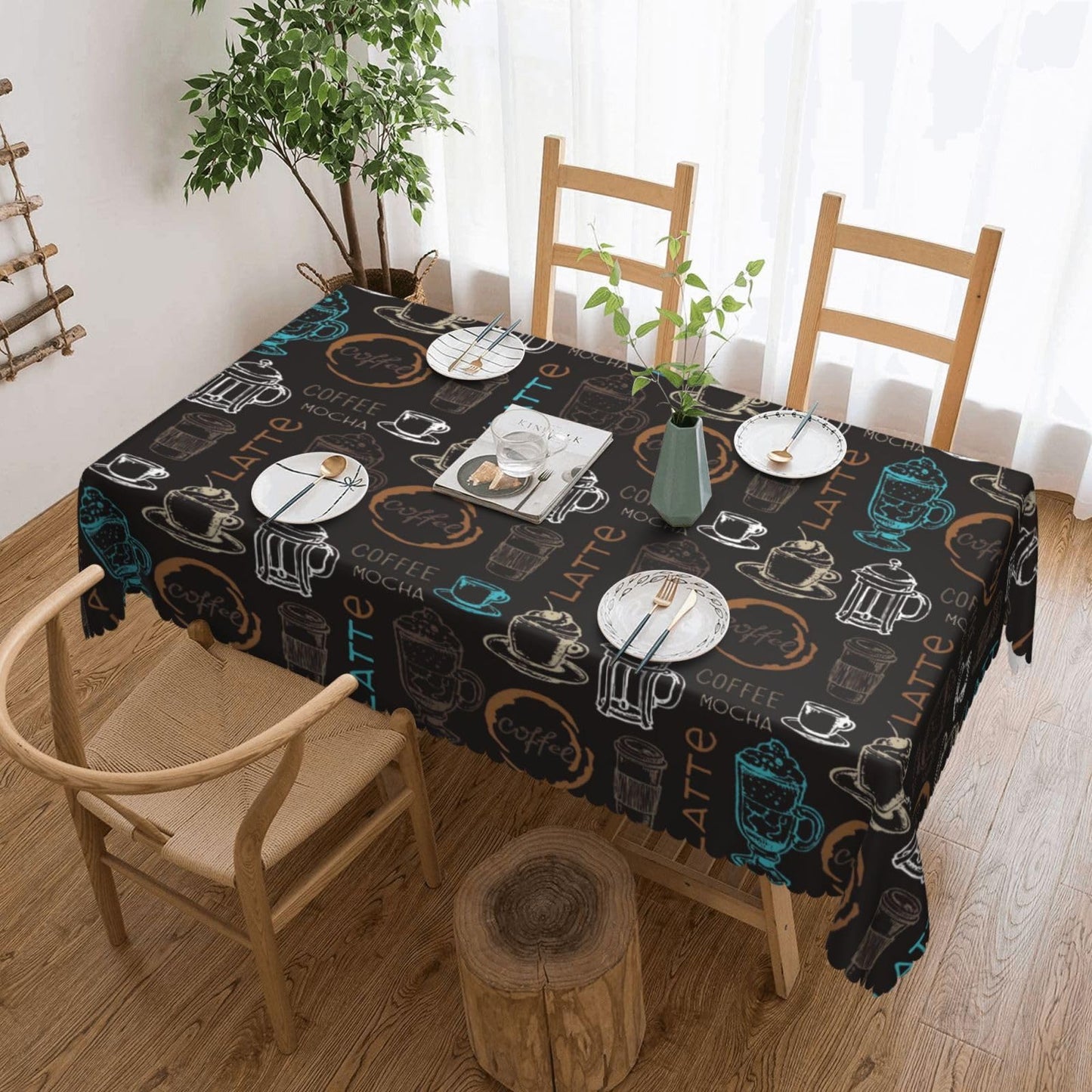 DRAVVIX Doodle Coffee Pattern Rectangular Tablecloth Latte Coffee Table Cloth with Wavy Lace Decoration Polyester Table Cover for Dining, Parties 54x72 inch