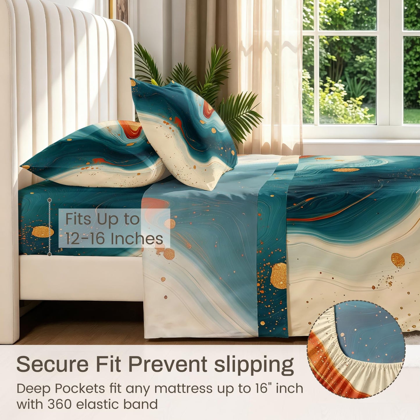 Modern Abstract Bedding Set 4 Pcs Marble Full Sheets, Orange Teal