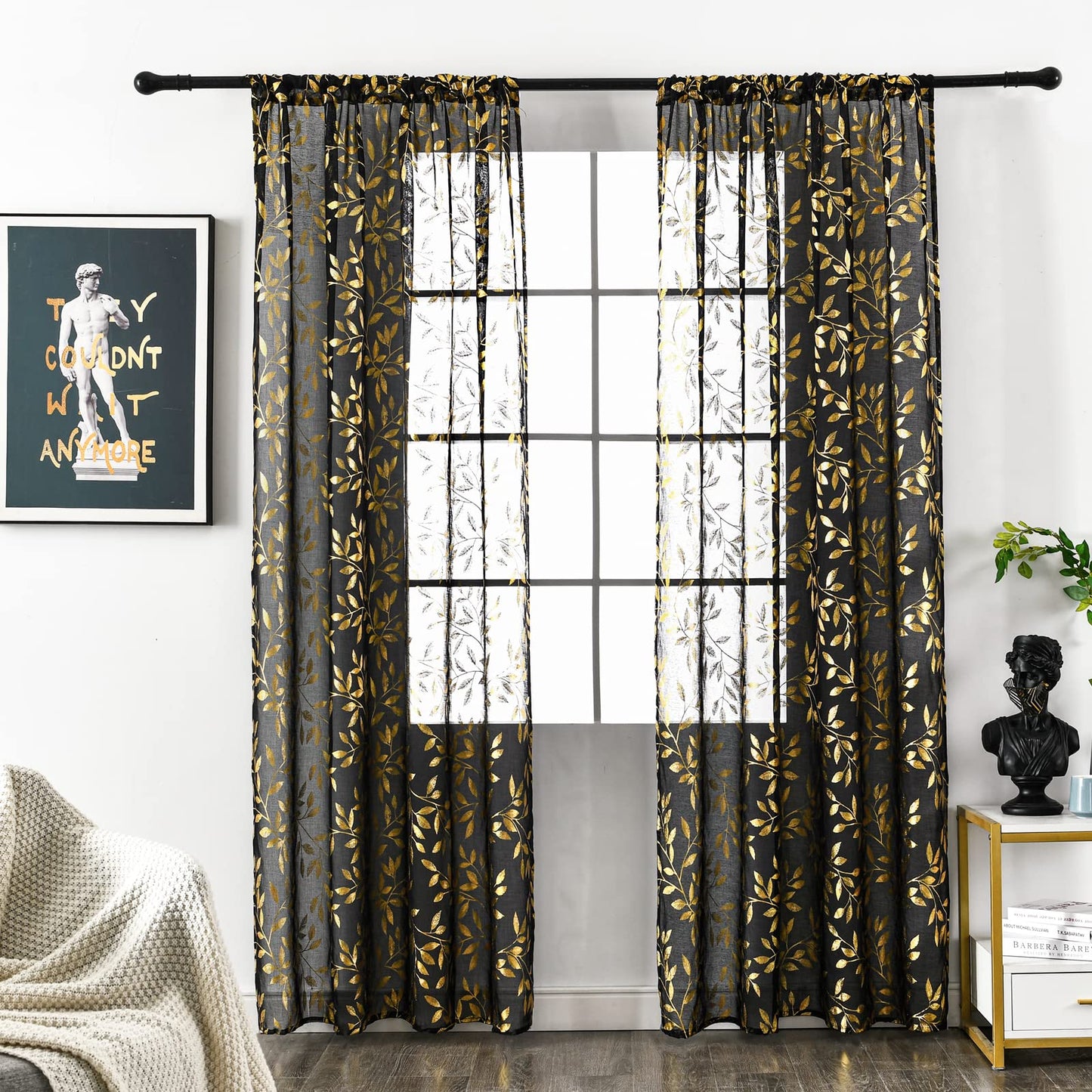 Deeprove Black Sheer Curtains 84 Inch Length 2 Panels Set, Gold Foil Metallic Branch Vine Leaves Print Window Treatments for Bedroom Halloween Decor, Bronzing Drapes Pair Rod Pocket 52" W x 84" L