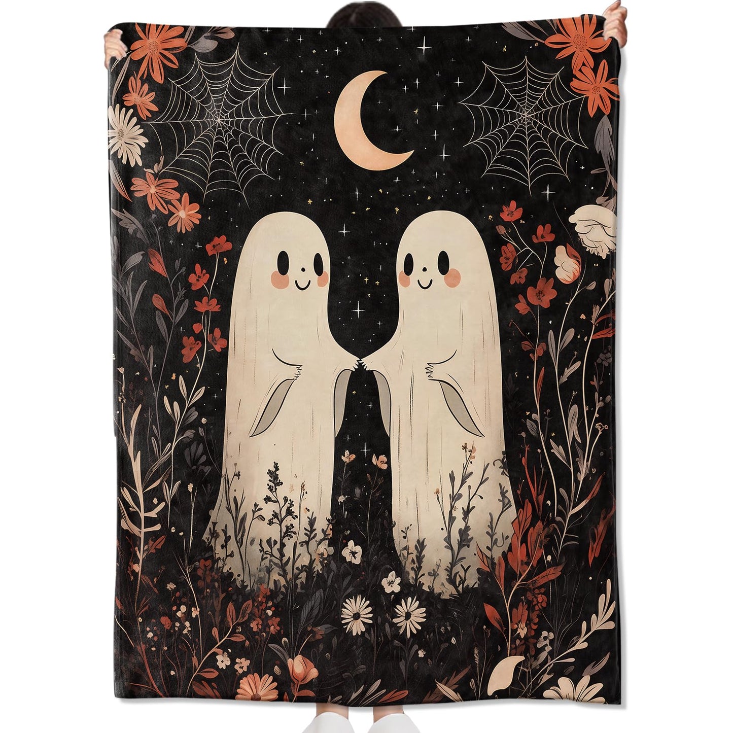 amepay Cute Ghost Under The Moon Blanket Gifts for Kids Adult Girls,Spooky Flannel Throw Blankets,Soft Comfy Lightweight for Home Halloween Couch Bed Sofa Decor,Whimsical Lovers 60x50in