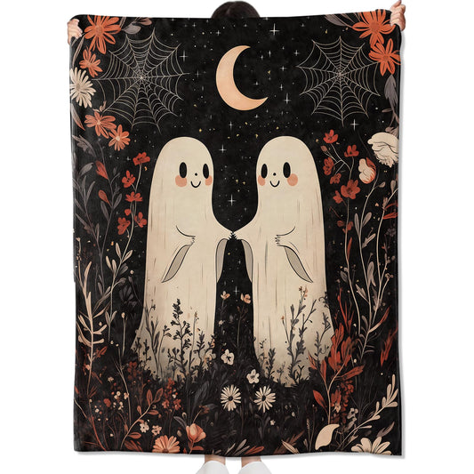 amepay Cute Ghost Under The Moon Blanket Gifts for Kids Adult Girls,Spooky Flannel Throw Blankets,Soft Comfy Lightweight for Home Halloween Couch Bed Sofa Decor,Whimsical Lovers 60x50in