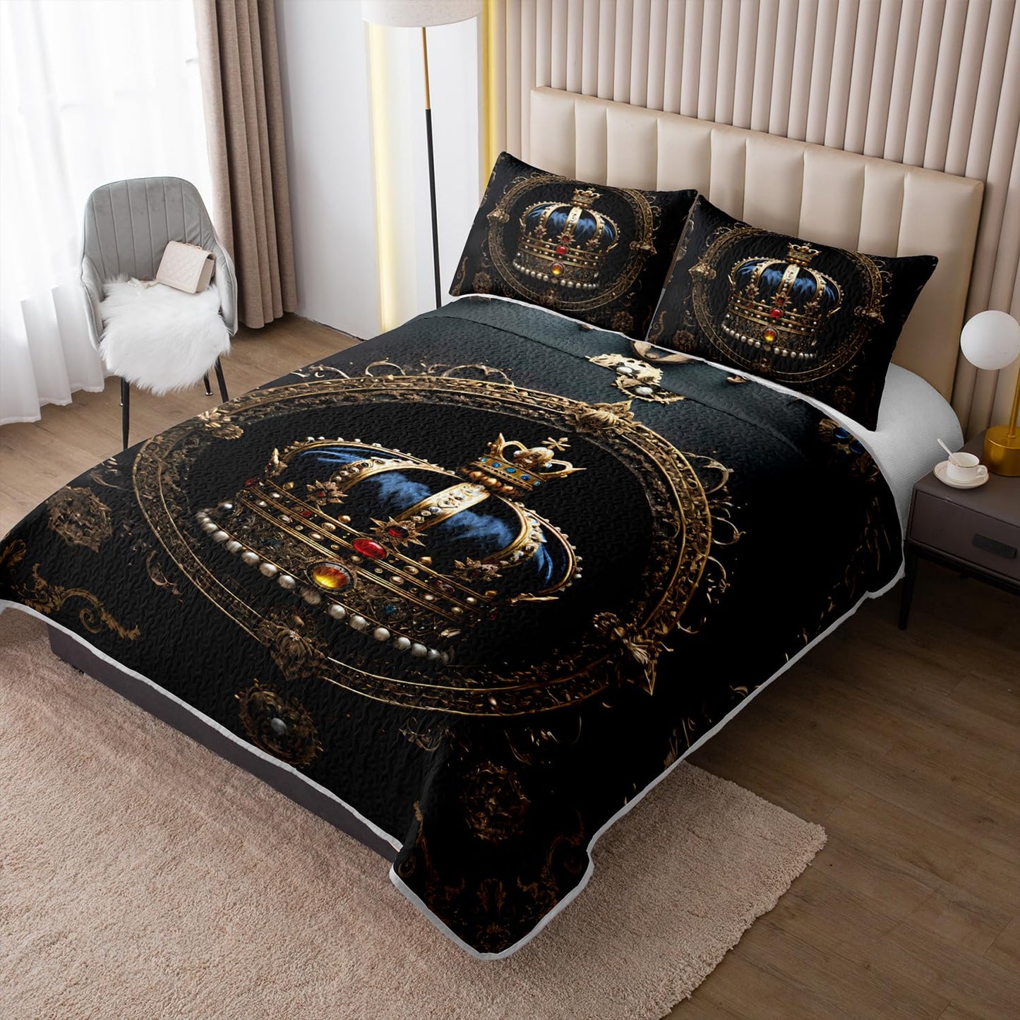 XYNHML Golden Crown Printed Quilt Bedding Full 3Pcs Diamond King Crown Bed Set Retro Mystic Flower Pattern Lightweight Soft Bedspread Coverlet with 2 Pillowcases for Kid Boy Girl Teen Adult Bed Decor