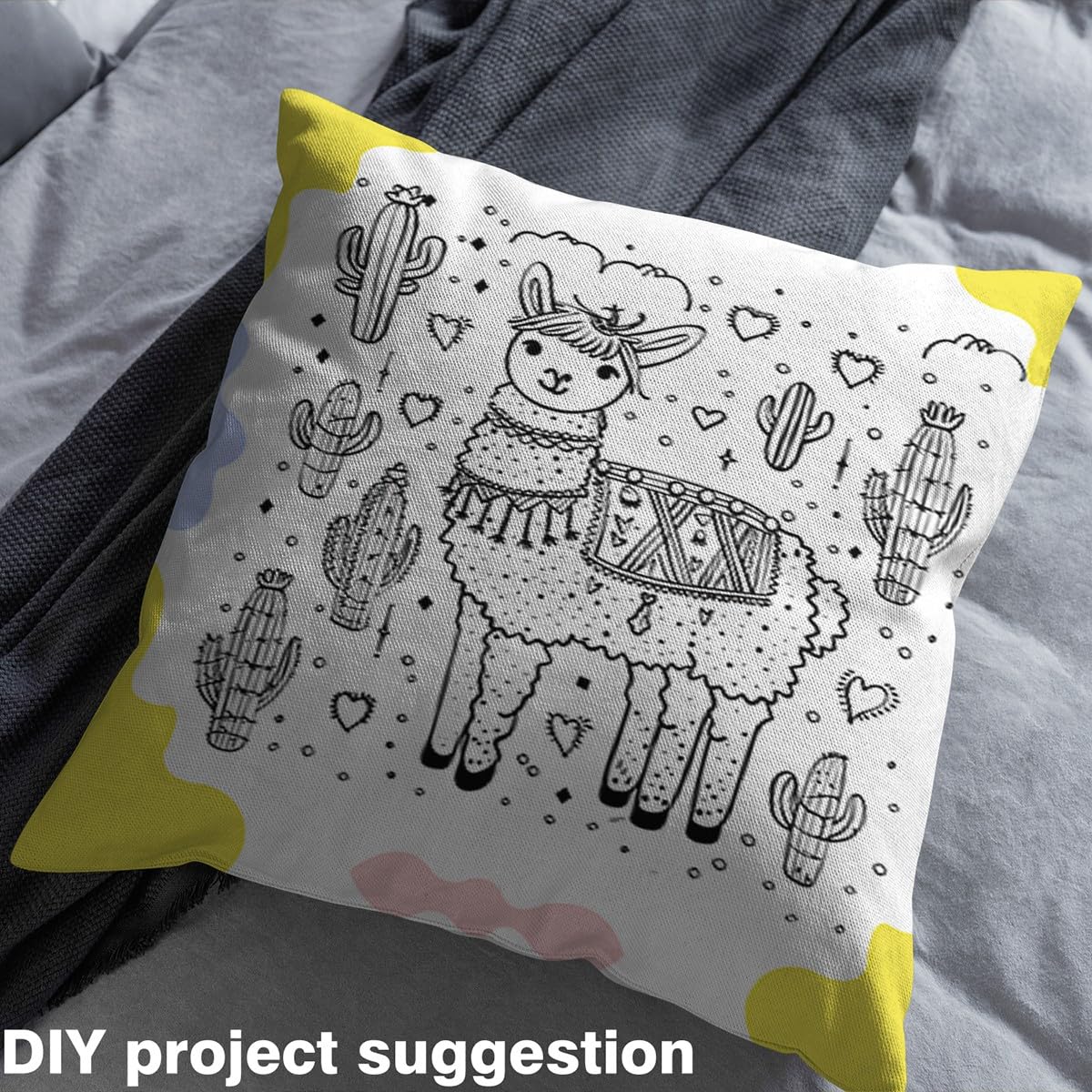Cartoon Alpaca Fabric by The Yard Hand Drawn Style Cute Cactus No Stretch Fabric for Sewing Lovely Animal Hippie Graffiti Soft Flannel Polyester Fabric for DIY Home Accents 1 Yard Pre-Cut,36"x59"