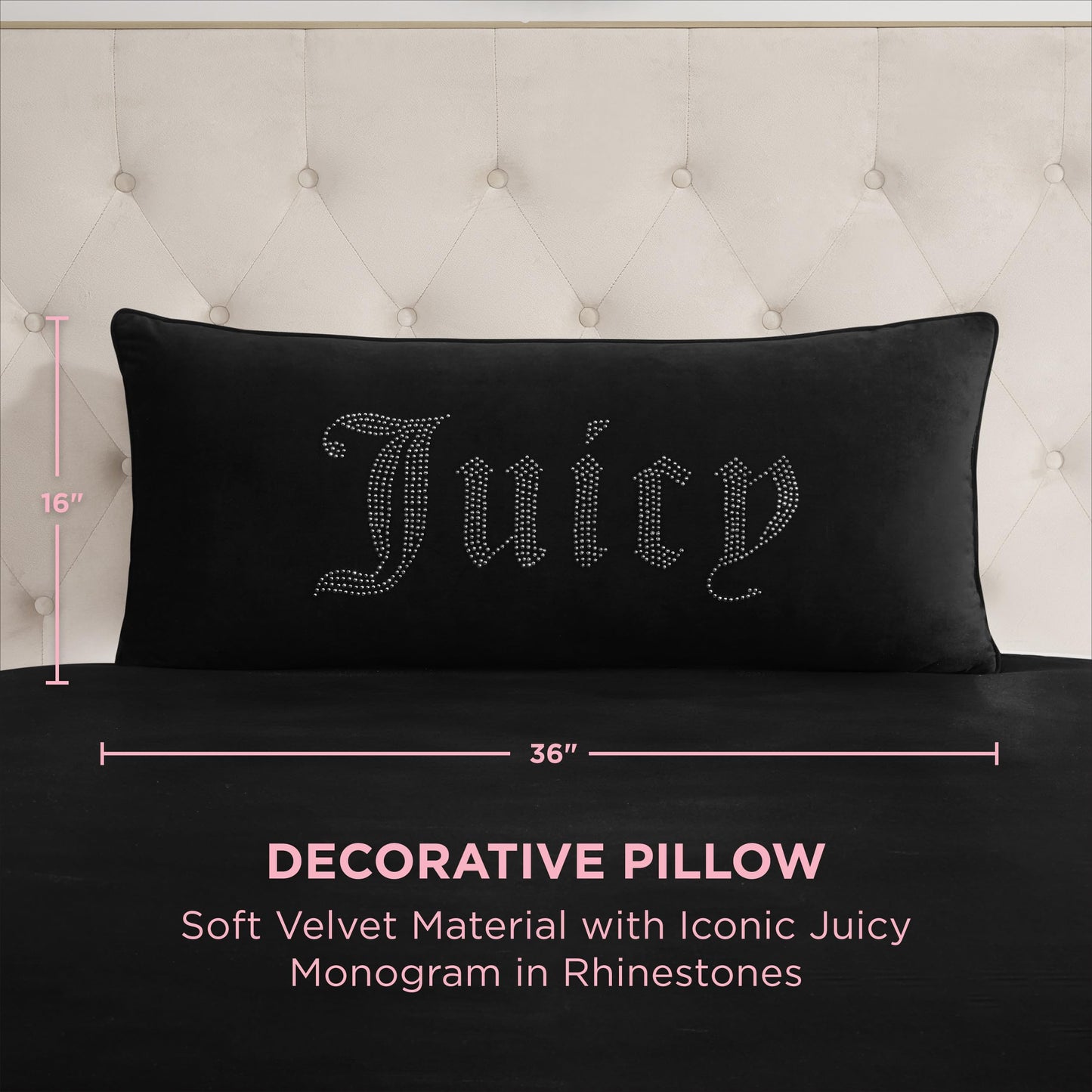 Juicy Couture Silver Rhinestone Decorative Pillow - Premium Throw Pillow - Living Room and Bedroom Décor - Hannah 16" x 36", Black Velvet