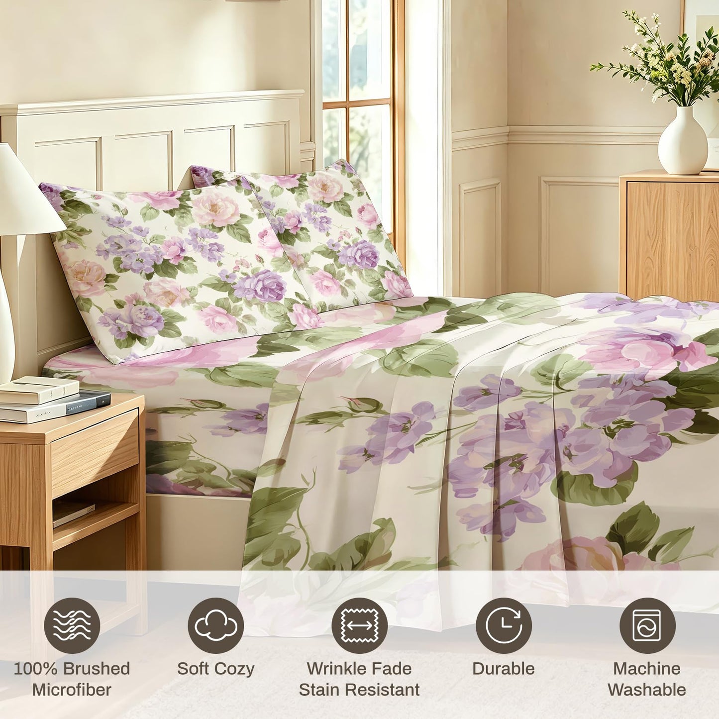 Purple Peony Queen Sheet Set 4 Pcs Watercolor Flowers Bed Sheets