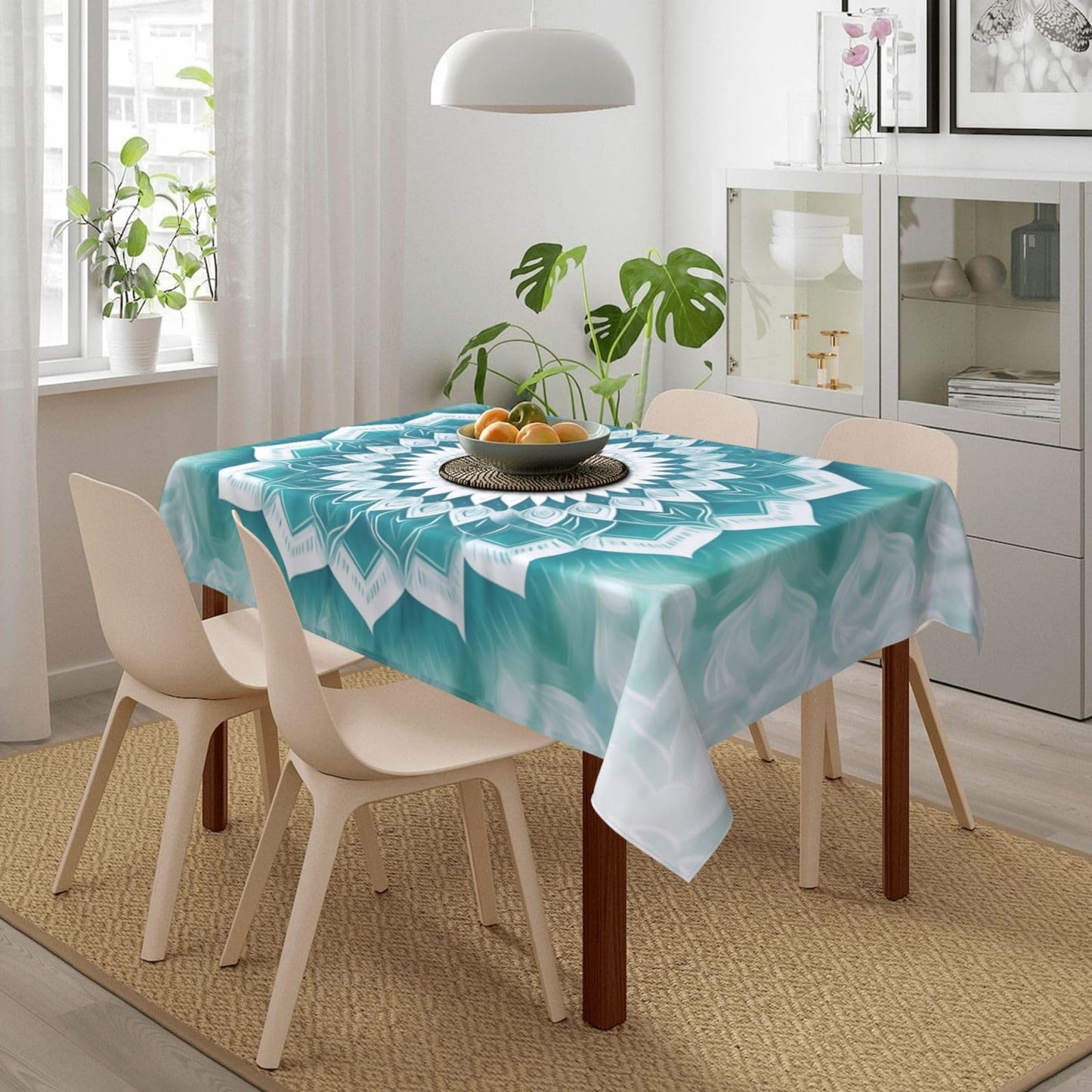 mutakin Blue Mandala Flower Rectangle Tablecloth Washable Table Cloth 60x90 Inch Table Cover Waterproof for Decoration Kitchen Dining Room