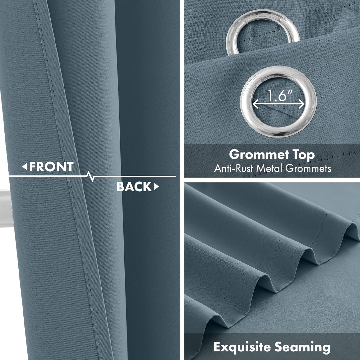 Woaboy Stone Blue Blackout Curtains for Bedroom Living Room 63 Inch Long 2 Panels, Solid Thermal Insulated Grommet Drapes, Room Darkening Sunlight Blocking Window Treatments, W40 x L63 Inch