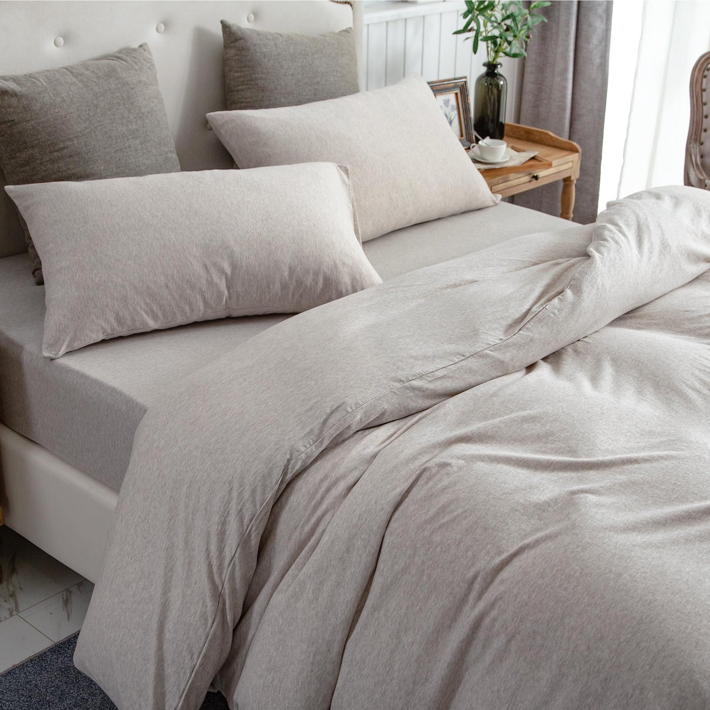 PURE ERA Jersey Knit Duvet Cover Set 100% T-Shirt Cotton Super Soft Comfy 2pc Bedding Set with Zipper Closure (Heather Beige, Twin)