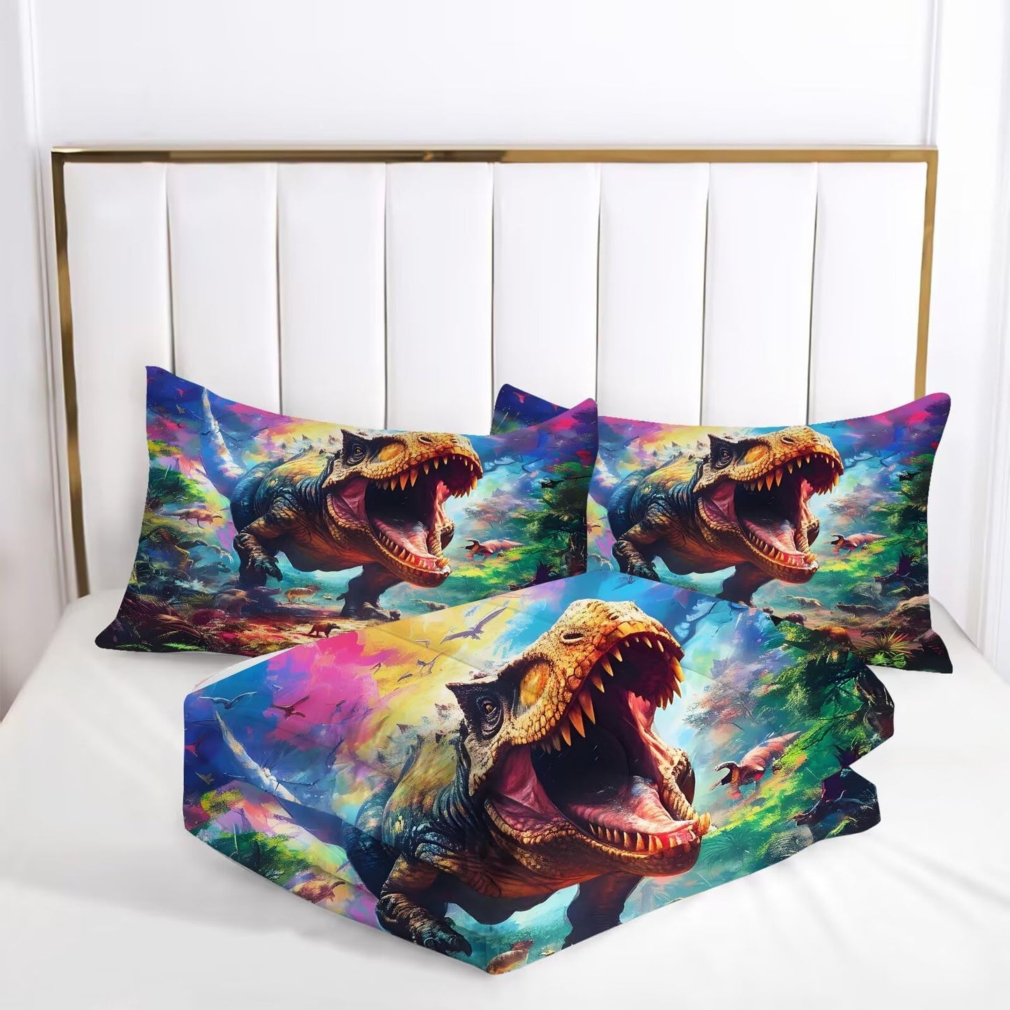 VTKON Kids Dinosaur Comforter Set Full Size for Boys Tie Dye Dino Quilt Set Soft Microfiber Dino Bed Set for All Season Use Dinosaur Bedding Set with 1 Comforter + 2 Pillowcases