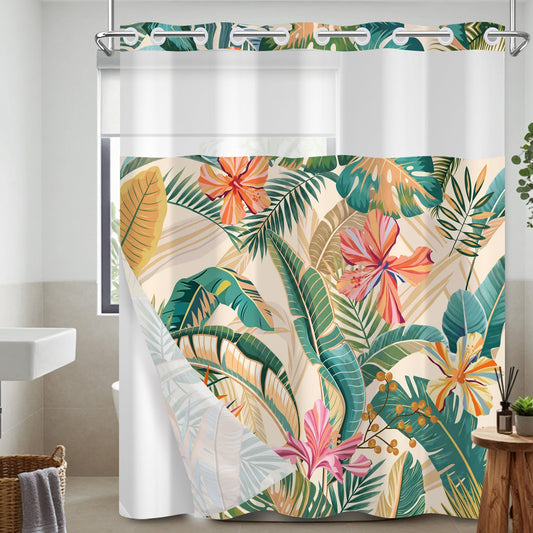 Leowefowa Tropical Shower Curtain, Colorful Palm Leaf No Hook Shower Curtain with Snap-in Liner, Double Layer with Sheer Top Window, Waterproof Fabric for Tropical Bathroom Decor, 71" x 74"