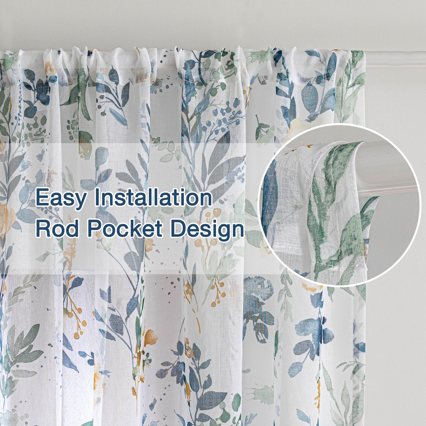 MYSKY HOME Sheer Floral Curtains 84 inches Long 2 Panels Set for Living Room Leaf Printed Summer Curtains for Bedroom Rod Pocket Window Drapes, Yellow and Blue, 52 x 84 inch