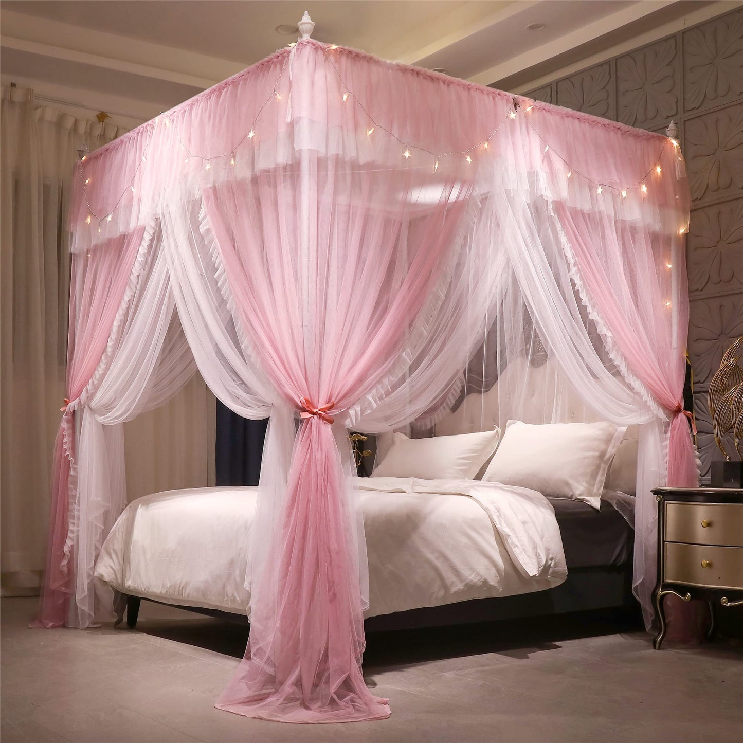 VETHIN 4 Corners Post Ruffle Princess Bed Canopy Curtain-Double Layer Cozy Drape Netting 4 Opening Mosquito Net for Girls Adults Bedroom Decoration (Pink/Whtie, 53" W*78" L*82"*H/(Full))