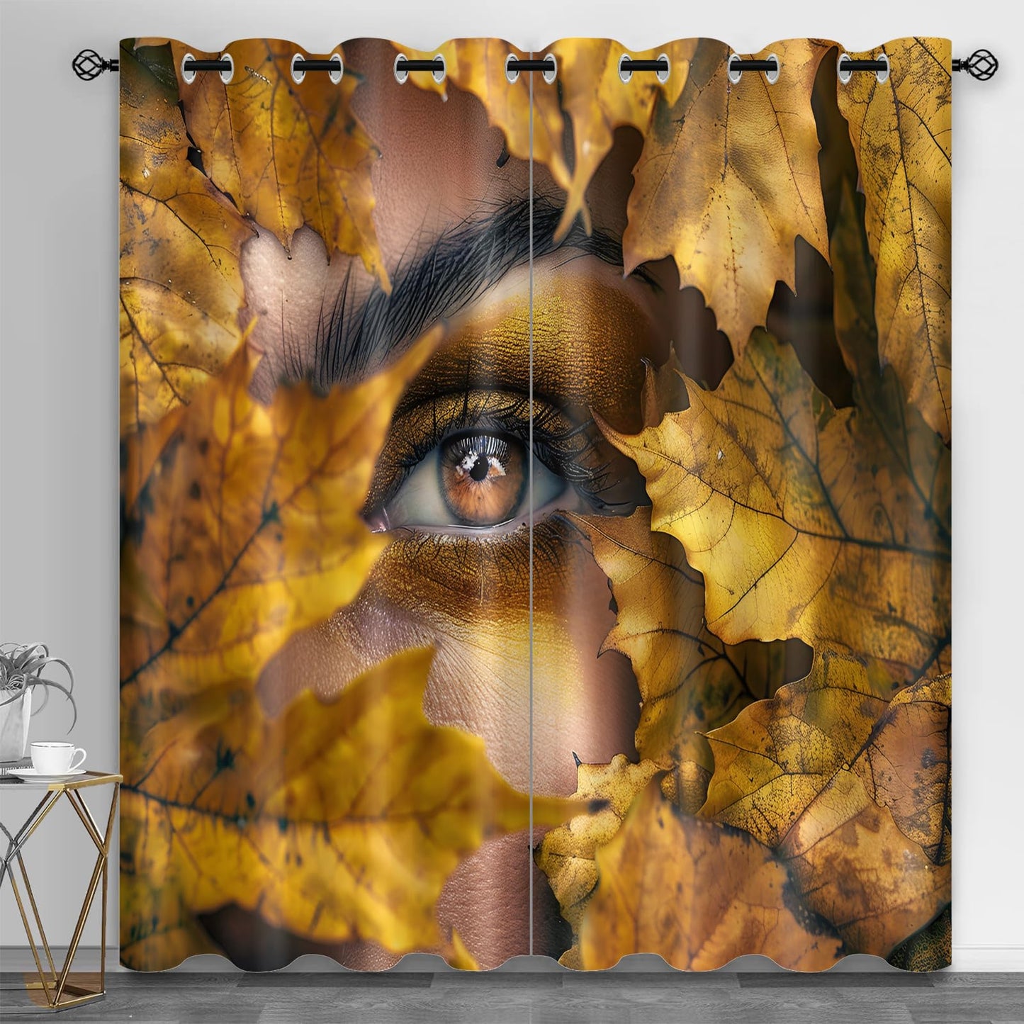 XAFIAUR Leaves Blackout Curtains, Fashion Eyes Printed Drapes, Autumn Landscape Thermal Insulated Drapes 2 Panels Darkening Window Curtain for Bedroom Living Room 31.5" W x 63" L x2