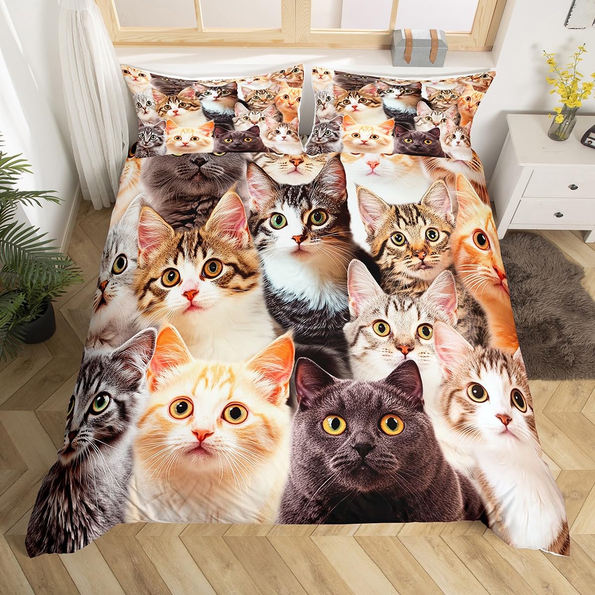 Feelyou Cat Comforter Cover Set Cat Lover Gifts Bedding for Women Cute Kitten Pattern Duvet Cover Set King Cat Quilt Cover Kids Bedroom Decor (1 Bedspread Cover + 2 Pillow Shams) Soft Lightweight