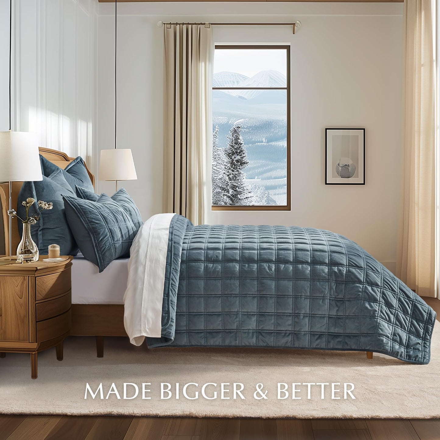 EVERGRACE 3 Pieces Luxurious Velvet Quilt King Size, Ultra Soft Bedspread Coverlet Set, Double Box Stitch Lightweight Velvet Comforter for All Season with 2 Shams, Stormy Blue, 108"x96"
