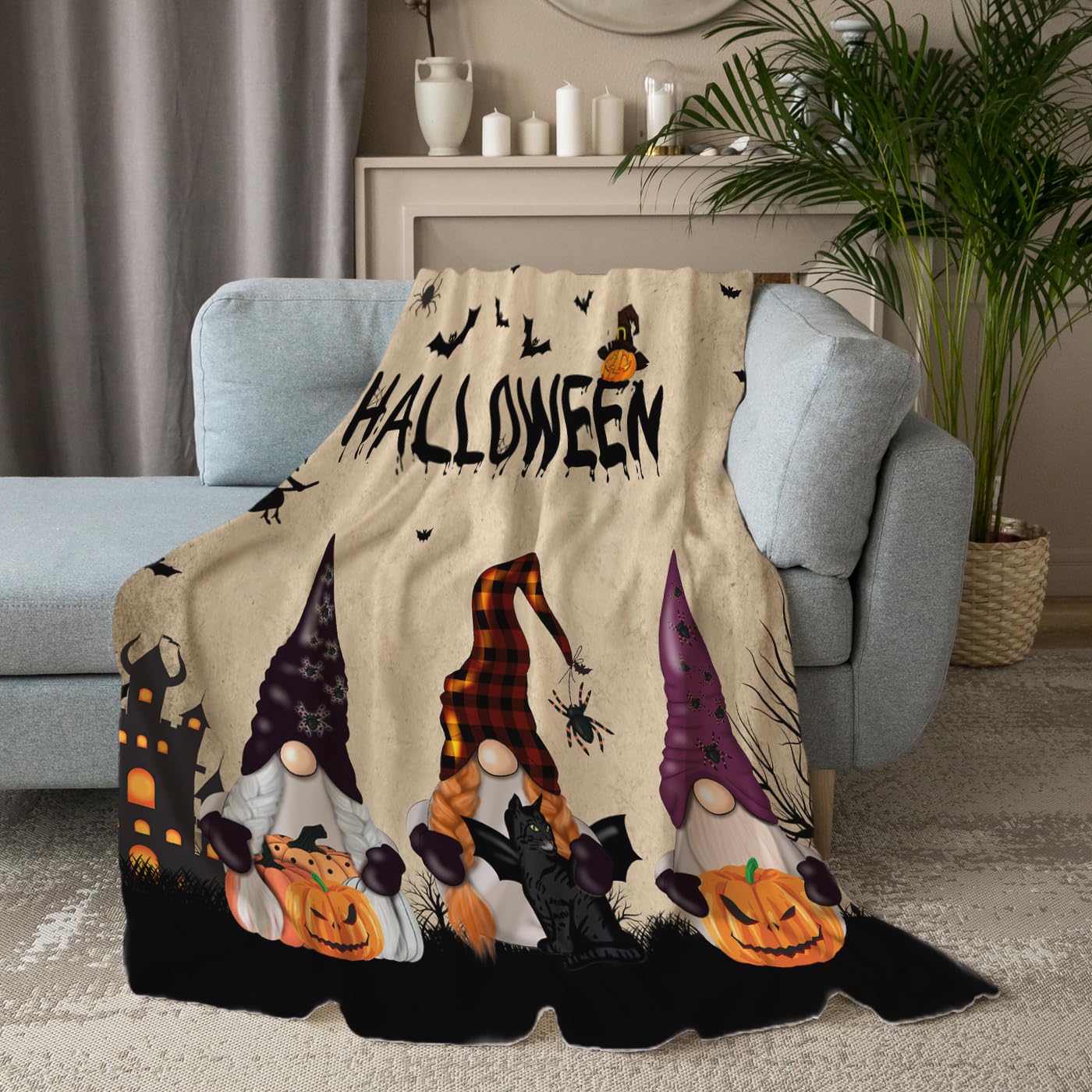 Halloween Gnome Blanket Flannel Fleece Throw Blankets Halloween Bats Black Cat Blanket Lightweight Cozy Warm Fuzzy Plush Soft Blankets for Couch Bed Sofa 40X50 Inches