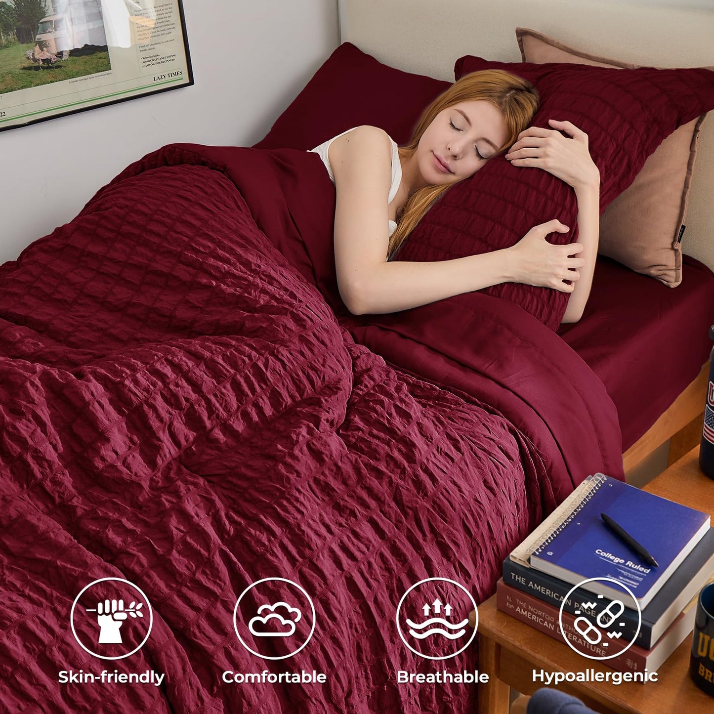 HYMOKEGE Burgundy Twin Comforter Set Seersucker 5 Pieces, All Season Luxury Bed in a Bag for Bedroom, Bedding Set with Comforters, Sheets, Pillowcase & Sham
