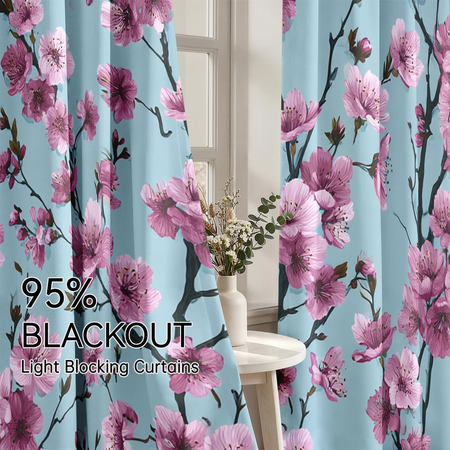 Mistwalk Cherry Blossom Curtains Blackout, 54 Inch Curtains for Bedroom & Living Room, Room Darkening Thermal Insulated Grommet Drapes, Girls Pink and Purple Floral Patterned Window Treatments