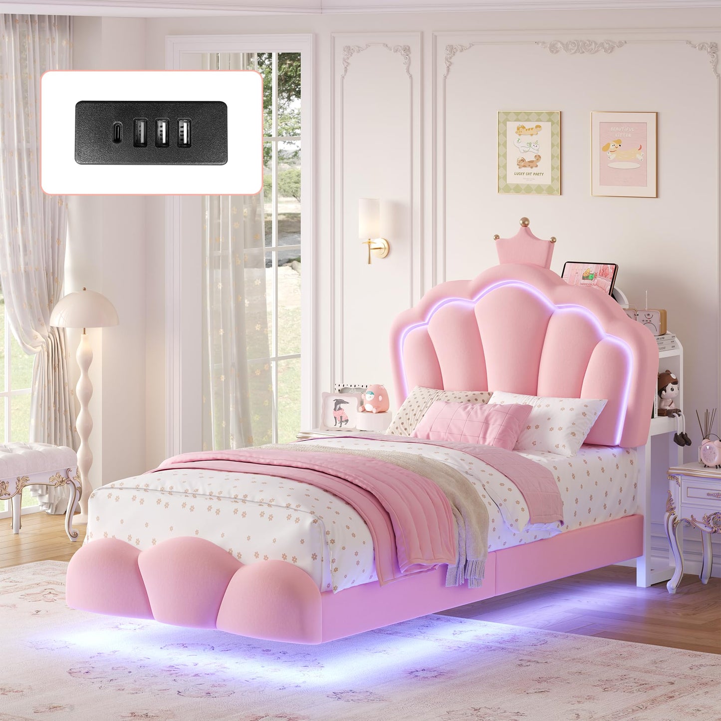 Keyluv Twin Floating Bed Frame with Led Lights & Charging Station, Princess Bed with Storage Bookcase Headboard, Velvet Upholstered Platform Bed with Cloud-Shaped Footboard for Girls, Noise free, Pink