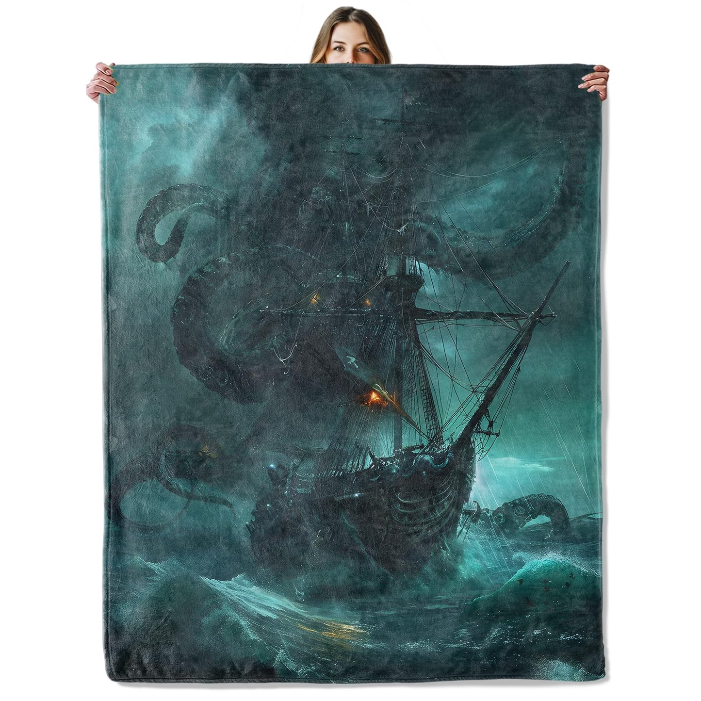 Kraken Pirate Ship Throw Blanket for Girls Boys Kids Adults, 50x60 in, Cozy Flannel Blanket for Bedroom, Camping, Couch, Room Decor, Fuzzy Warm Soft Gifts