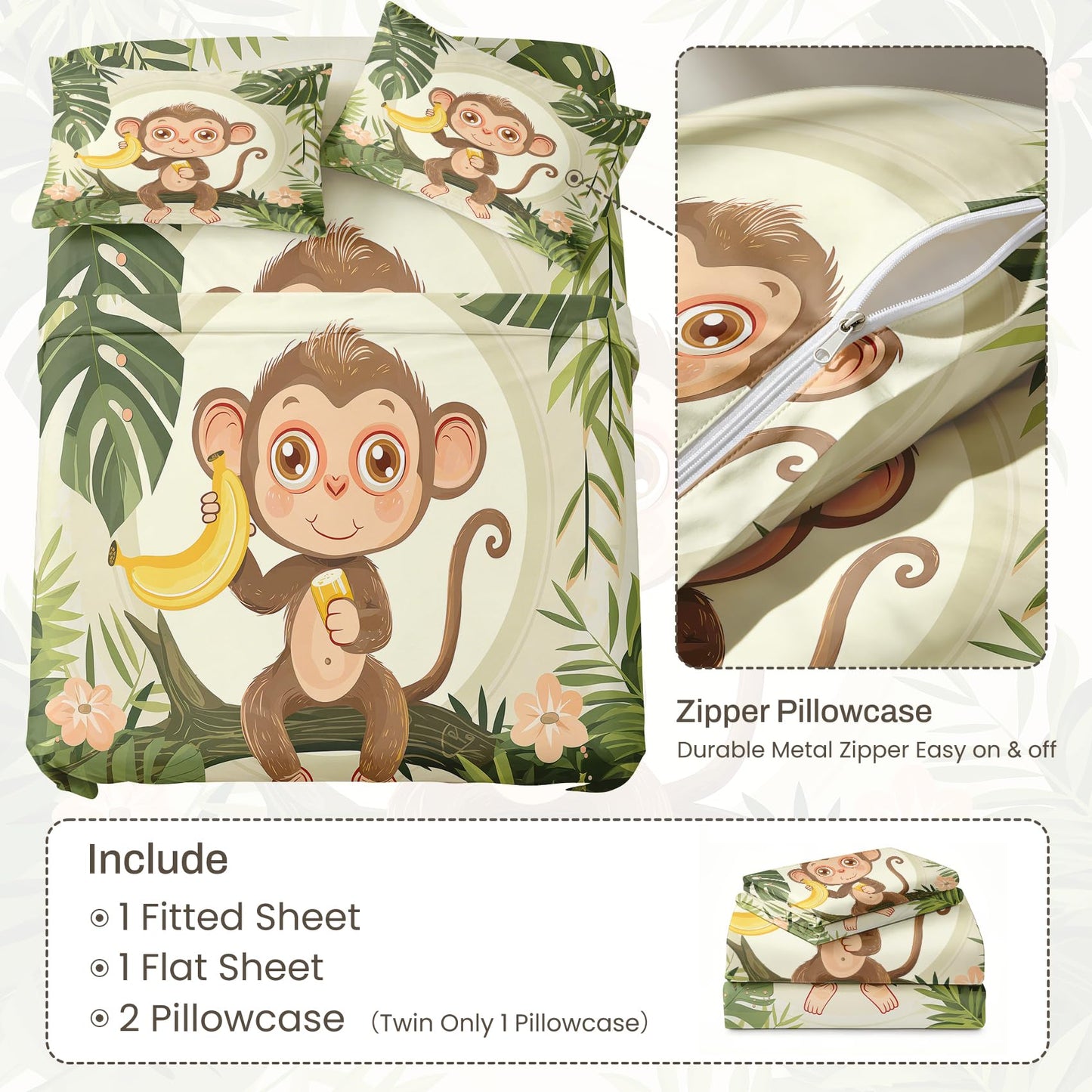 Monkey Banana Twin Bedding Set Jungle Animal Sheet Sets