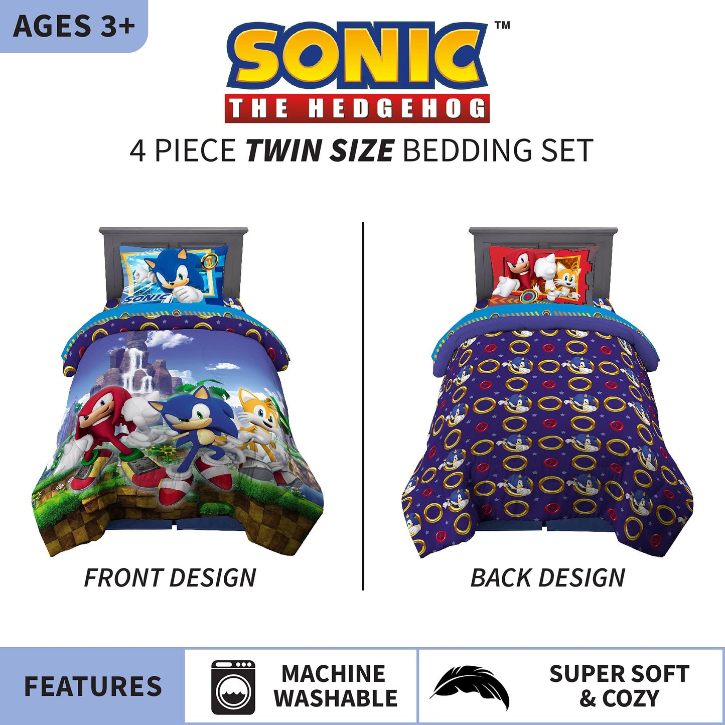 Franco Kids Bedding Super Soft Comforter and Sheet Set, 4 Piece Twin Size, Sonic The Hedgehog, Anime