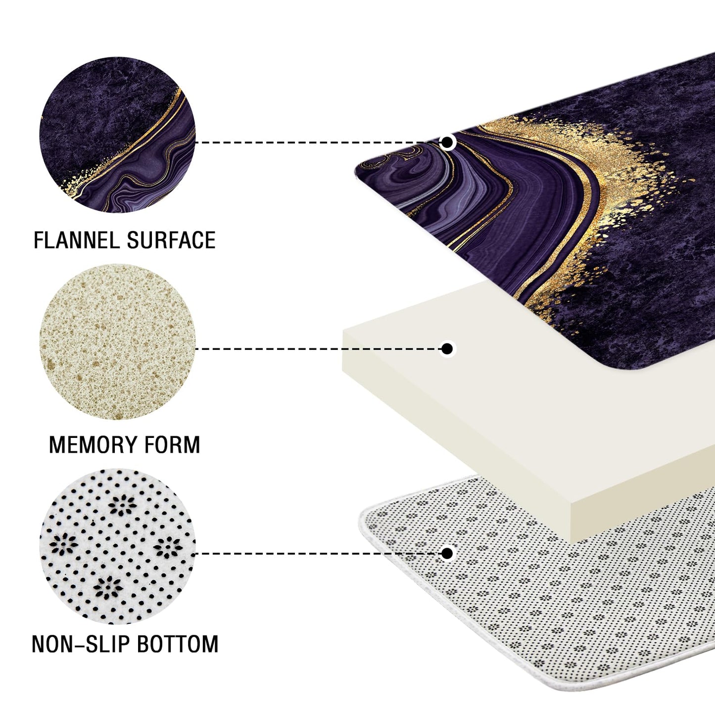 Gibelle 4 Pcs Luxury Marble Shower Curtain Set with Non-Slip Rugs, Toilet Lid Cover and Bath Mat, Gold Foil Purple Bathroom Decor Set with Shower Curtain and Rugs and Accessories