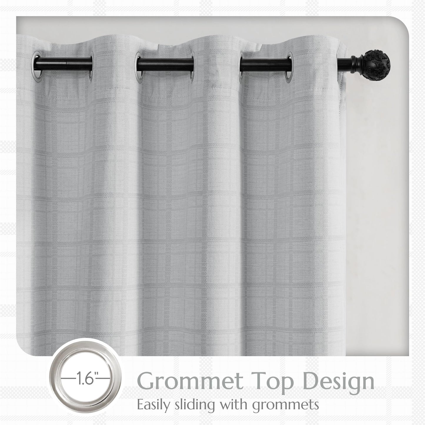Beauoop Grey Plaid Jacquard Blackout Curtains 84 Inches Long 2 Panels for Bedroom Living Room Gingham Checkered Room Darkening Thermal Insulated Soundproof Grommet Window Drapes, 52x84 2 Set