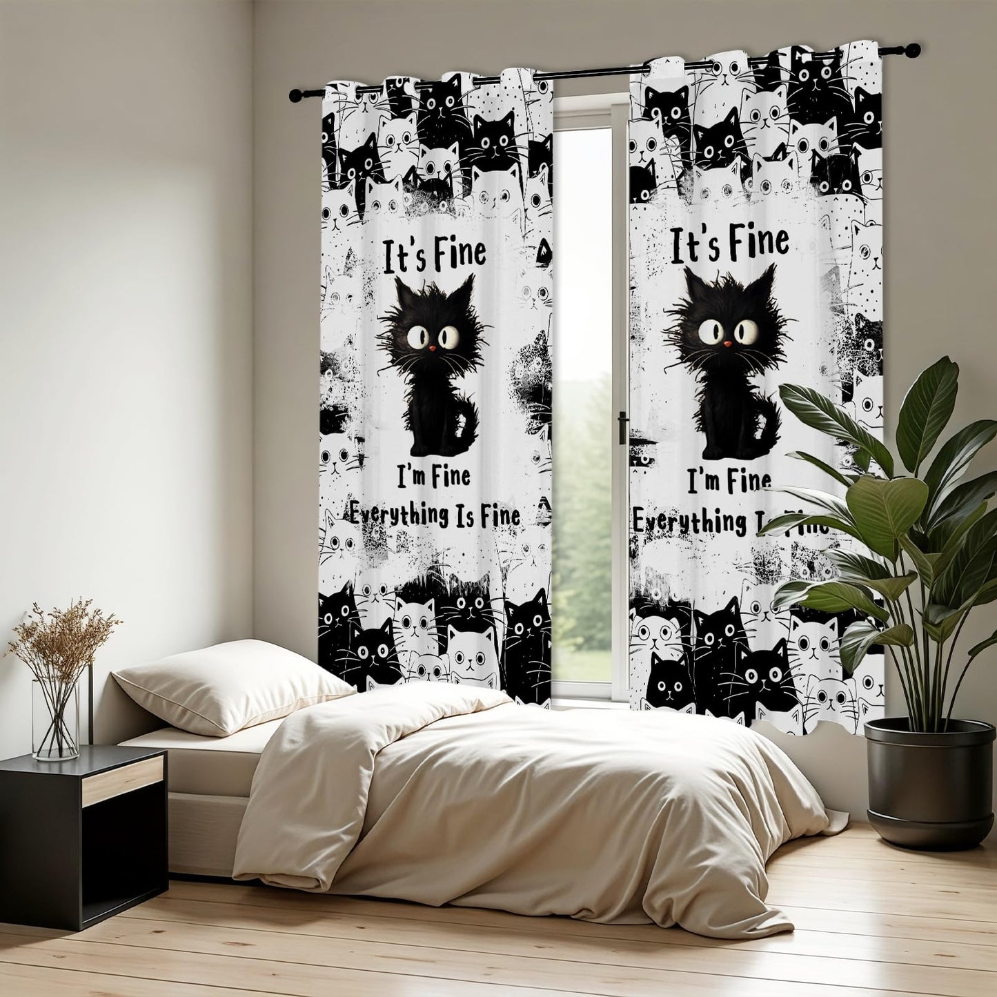 SIOQCKIS Cute Cat Curtains for Bedroom, Funny Black Cats Curtains for Windows, It's Fine Cat Kitchen Curtain Kitten, 52 x 84 Inch Long 2 Panels Gifts for Cats Lovers Window Decor Bathroom