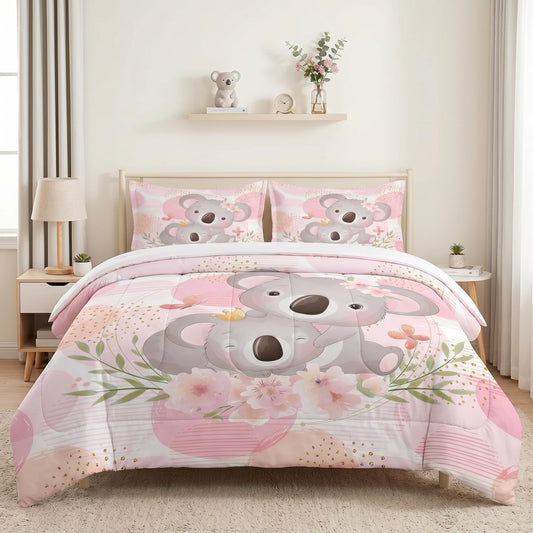Pamnest Comforter Set Twin Size, Cute Koala Bear 2 Pcs Soft Bedding Set for Kids and Adults, Floral Animal Flower Comforter Set with Pillowcase, for Bedroom Bed Decor