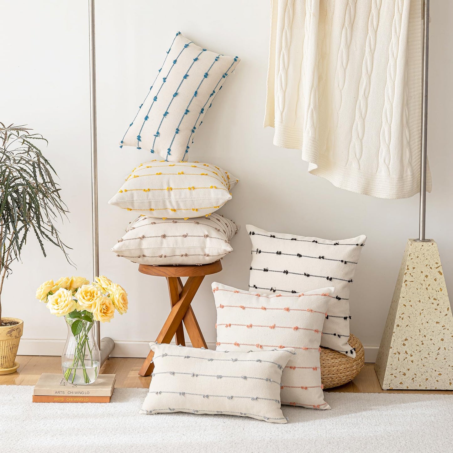 YEENAASY Boho Throw Pillow Covers 12x20 Set of 2 Modern Farmhouse Decorative Cushion Case Tufted Linen Square Pillows Cover Neutral Pillow Cases Accent Pillowcase for Sofa,Couch,Bed,Beige and Yellow