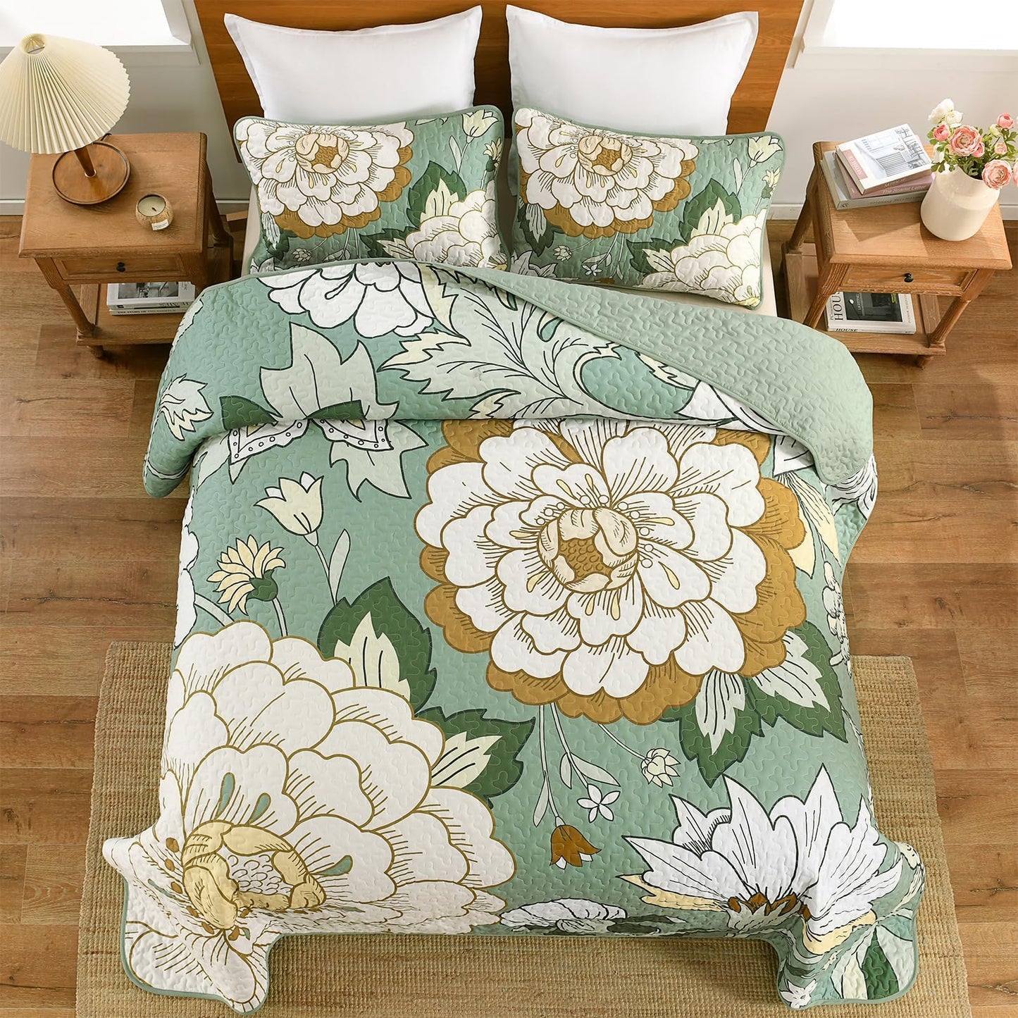 DJY Sage Green Quilt Set Queen Size 3 Pieces Floral Boho Bedspread Coverlet Set, Lightweight Microfiber Farmhouse Floral Quilted Bedding Set Reversible Bed Cover for All Season, 96''x90''
