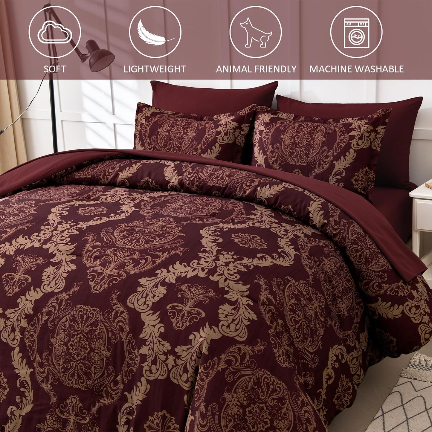 WONGS BEDDING Burgundy Comforter Set Queen Size, Maroon Damask Texture 7 Pieces Bed in a Bag Microfiber Comforter Bedding Sets -1 Comforter, 1 Flat Sheet, 1 Fitted Sheet, 2 Pillow Shams, 2 Pillowcases