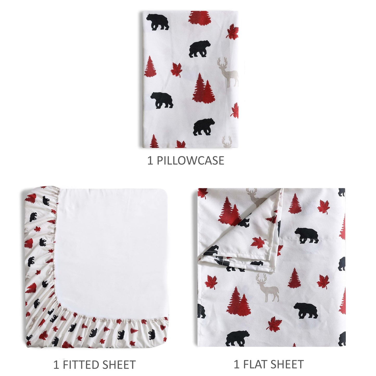 Beatrice Home Fashions Cozy Cabin 3-Piece Twin Microfiber Bedding Sheet Set with Deep Pockets Rustic Patchwork Plaid Deer, Red/Black