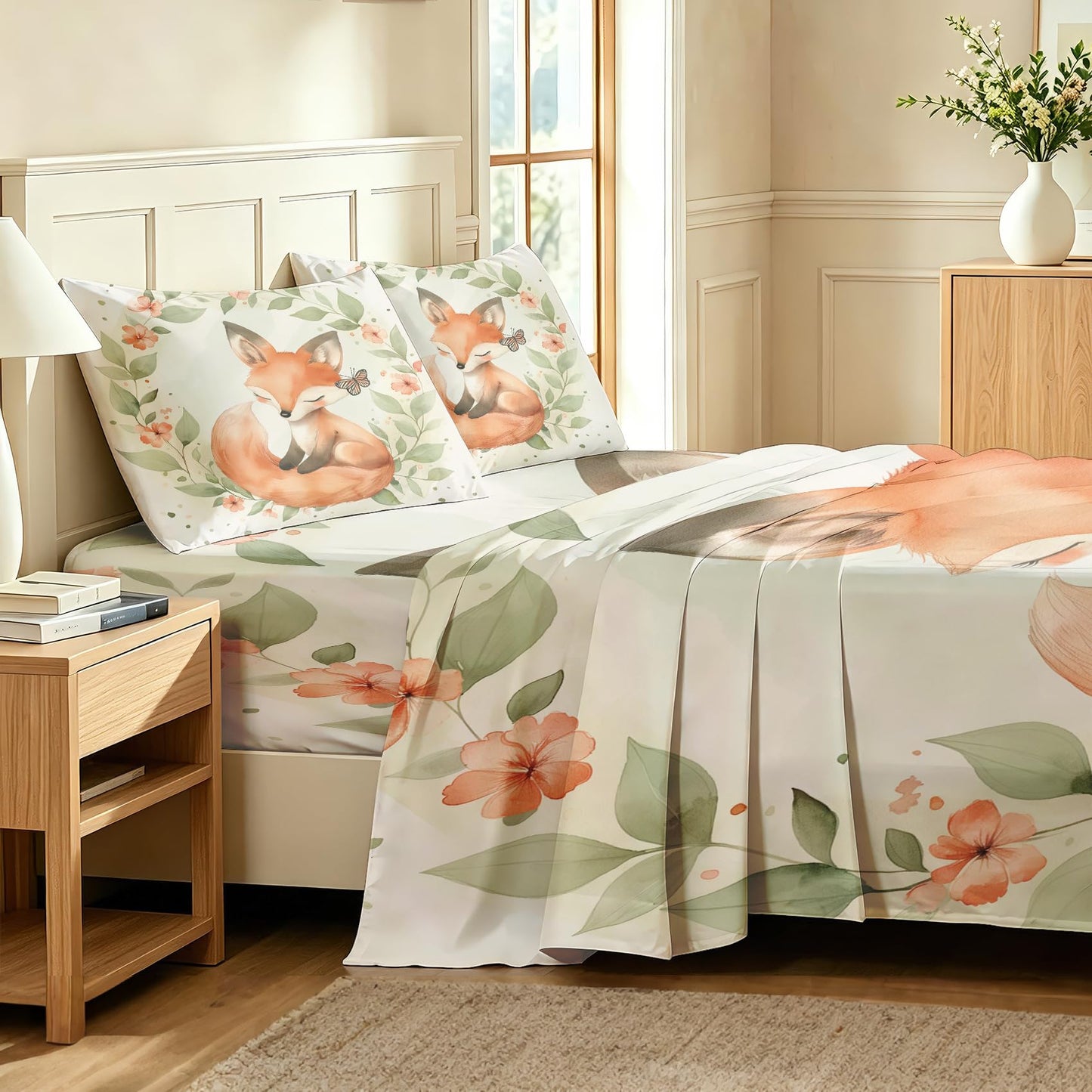 Fox Twin Sheet Set Butterfly Leaf Flat Fitted Sheet Sets