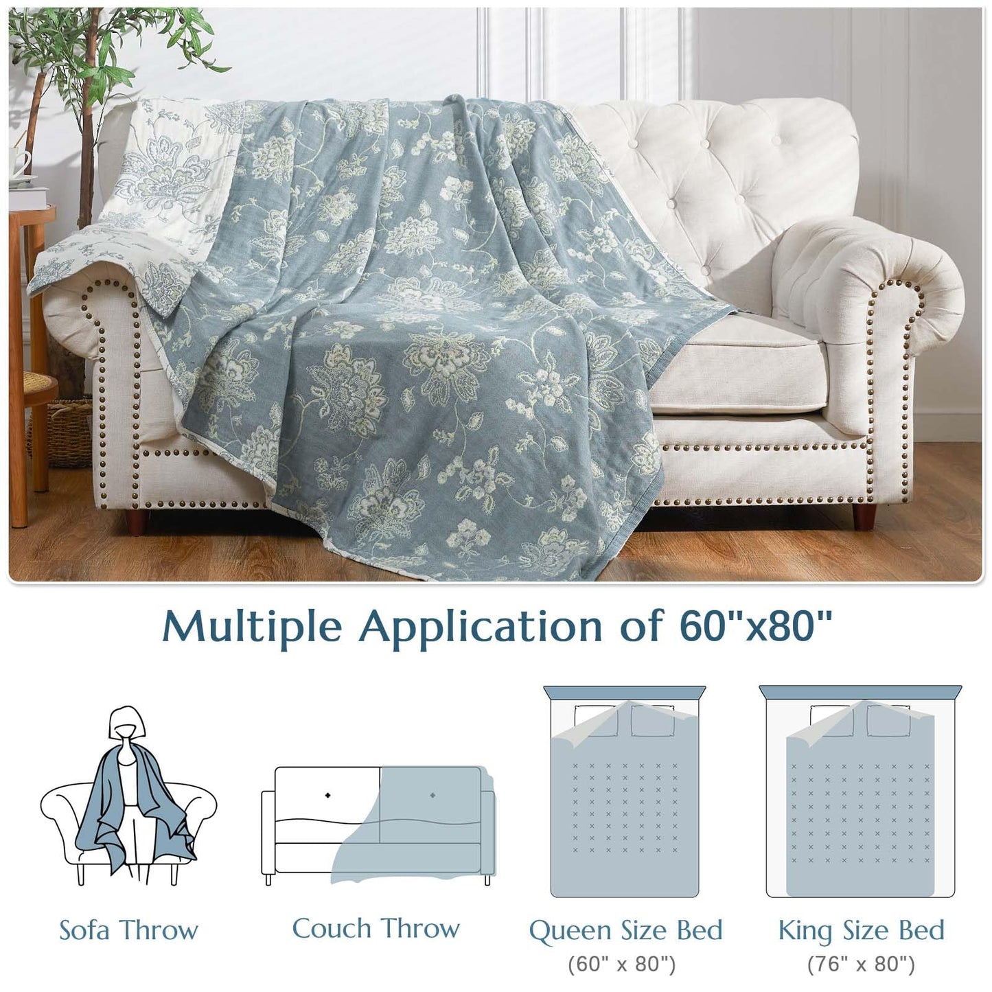 jinchan Boho 100% Cotton Muslin Twin Size 60x80 Inches Blanket Lightweight 4-Layer Quilted Soft Blue and White Floral Throw Blanket Green Accents Reversible Comfy Flower Summer Couch Bedroom Decor