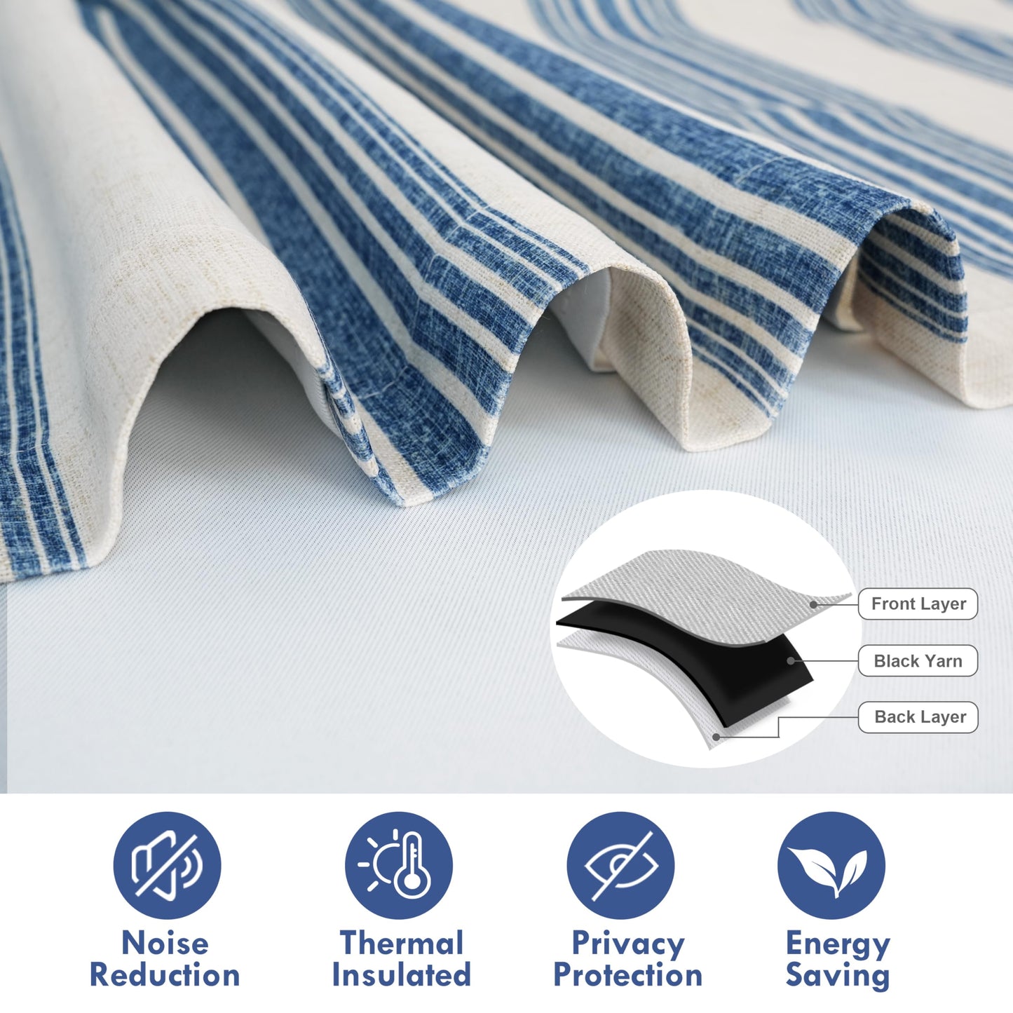 DriftAway Chris Double Layer Linen Blackout Tie Up Curtains Thermal Insulated Fully Lined Vertical Striped Balloon Roman Shade Bathroom Window Adjustable Rod Pocket 45 Inch by 63 Inch Jean Navy