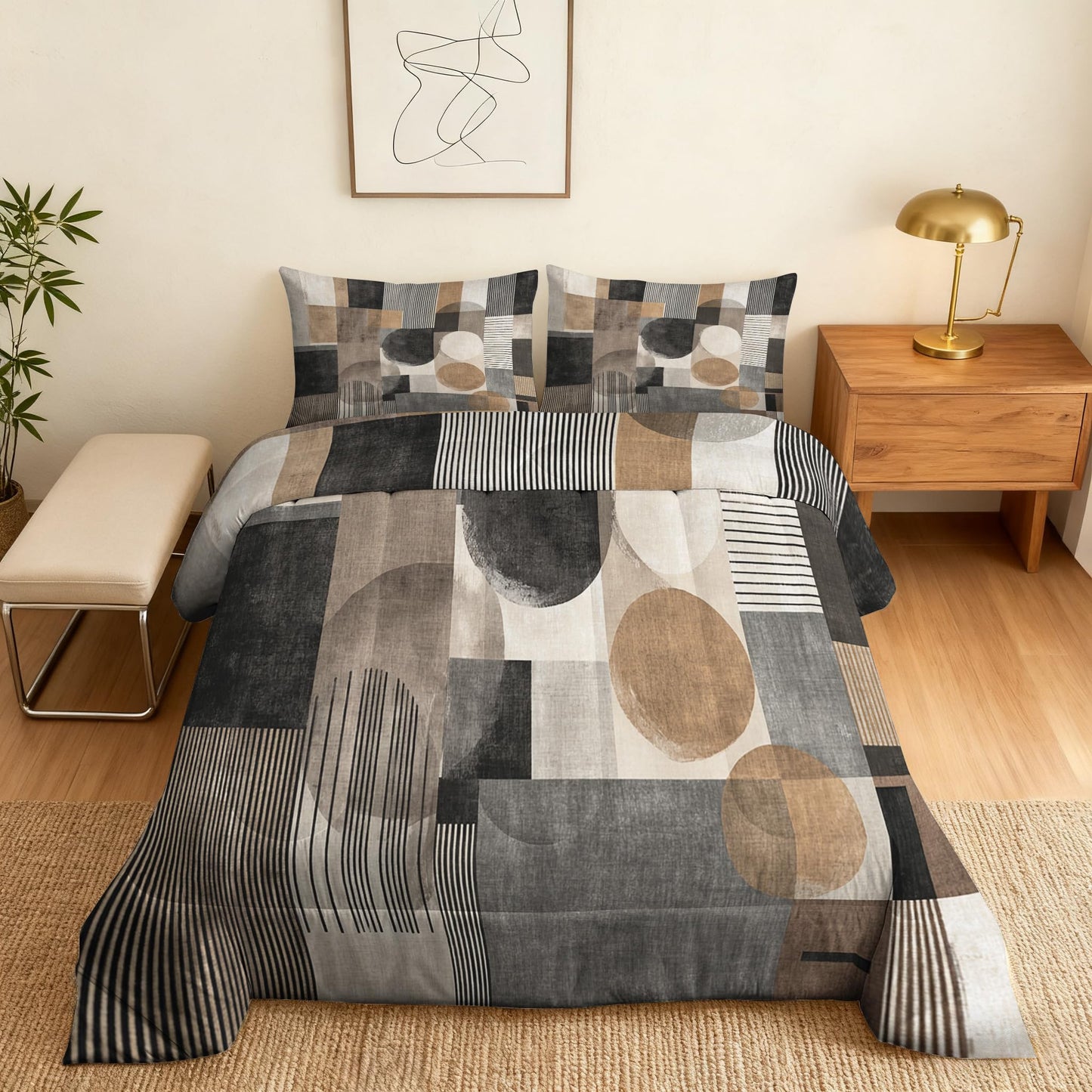 ZDABAOEC Mid Century Modern Queen Comforter Set 3 Piece, 2 Pillow Shams, Abstract Geometric Minimalist Reversible Down Alternative All Season Bedding, Soft Microfiber, Mid Century Bedroom Decor