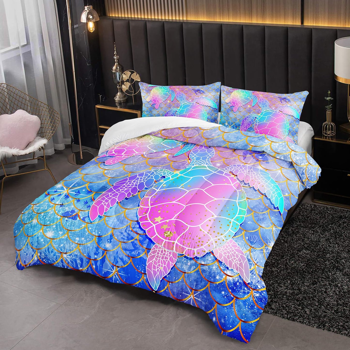 Mermaid Scales Bedding Set for Girls,Rainbow Scales Mermaid Printed Comforter Set Full Size for Kid Women,Glitter Star Bed Set Quilts Set Lightweight Soft Microfiber Warm Down Alternative All Season