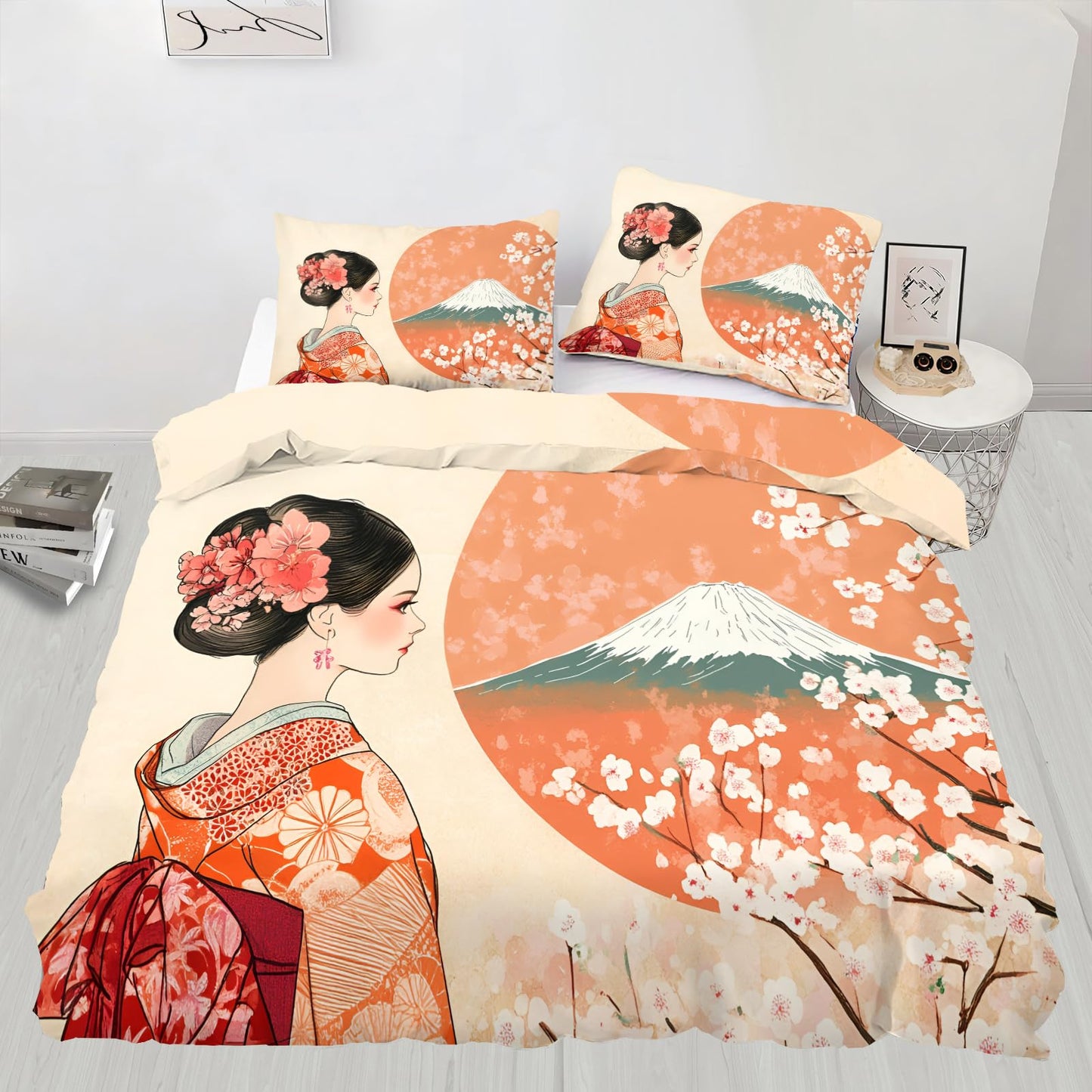 PAISUOQ Japanese Bedding, Japanese Girl Duvet Cover Full, Traditional Girl Comforter Cover with Zipper Ties, 3 Pieces with 2 Pillowcases, Home Decor & Gifts