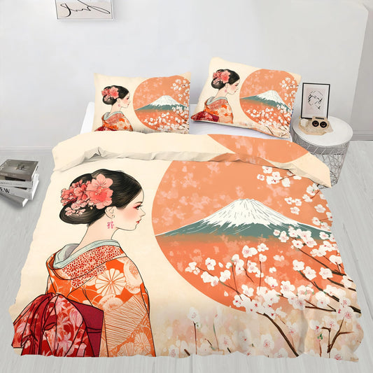 PAISUOQ Japanese Bedding, Japanese Girl Duvet Cover Full, Traditional Girl Comforter Cover with Zipper Ties, 3 Pieces with 2 Pillowcases, Home Decor & Gifts