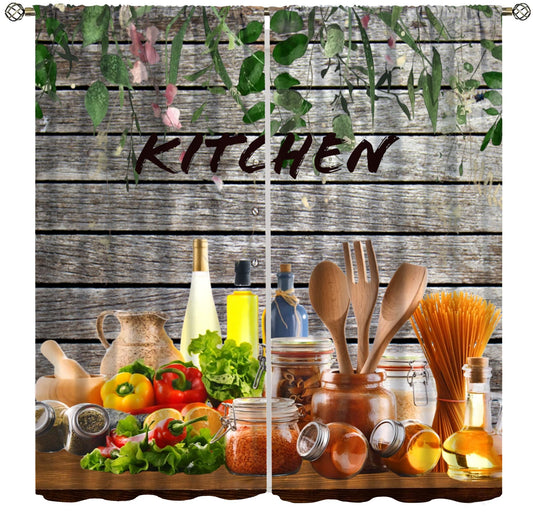 Farmhouse Kitchen Curtains Rustic Kitchenware Colourful Rustic Nature Botanical Chef Cutlery Spoon Cooking Rod Pocket Window Treatments for Living Room Bedroom 2 Panel Set 41" x 45" (No Blackout)