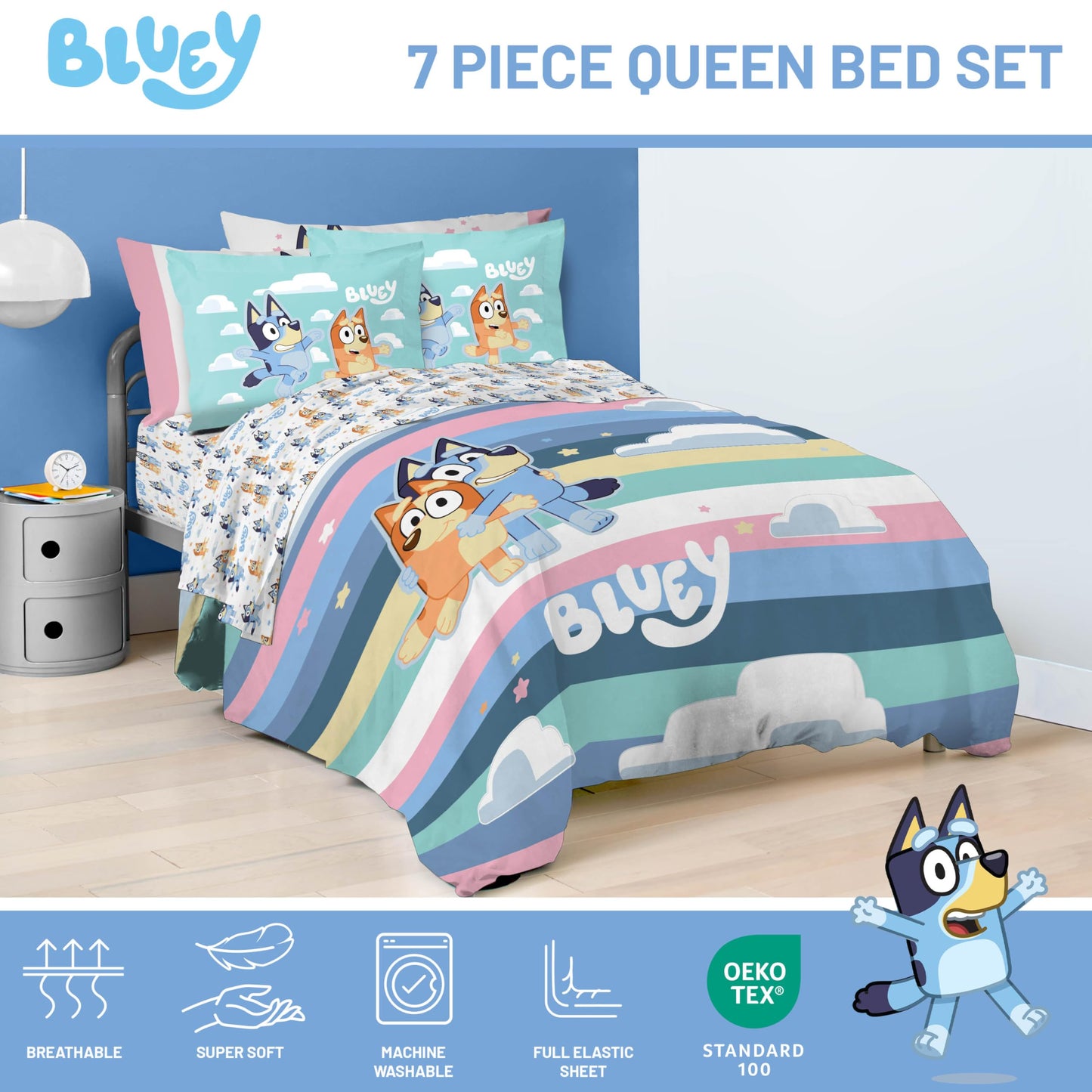Jay Franco Kids Bed Set, Multi, Bluey, 7 Piece Queen