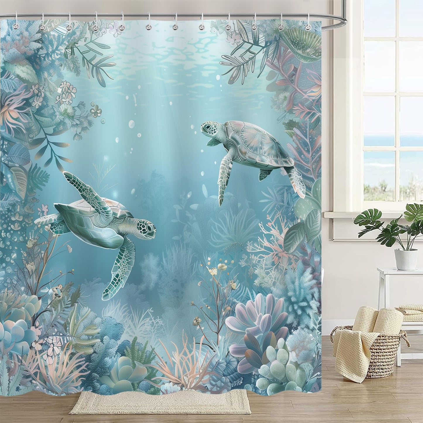 Sokdcam Sea Turtle Shower Curtain, Blue Teal Turtle Beach Theme Shower Curtain for Bathroom, 72 x 72 Inch Polyester Fabric Waterproof Bath Curtains Decor Set with 12 Hooks