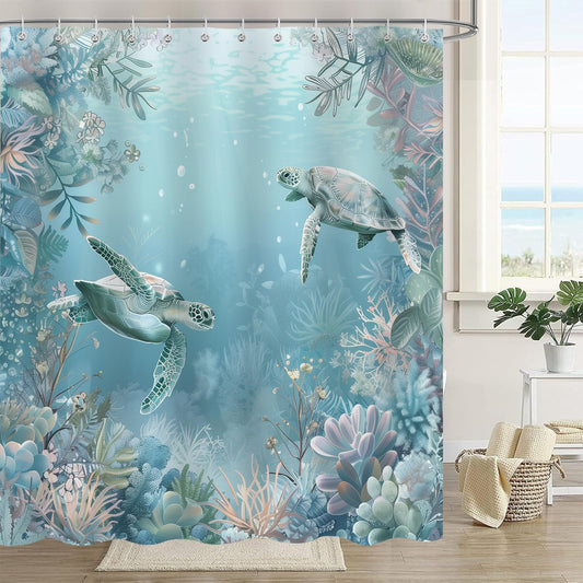 Sokdcam Sea Turtle Shower Curtain, Blue Teal Turtle Beach Theme Shower Curtain for Bathroom, 72 x 72 Inch Polyester Fabric Waterproof Bath Curtains Decor Set with 12 Hooks