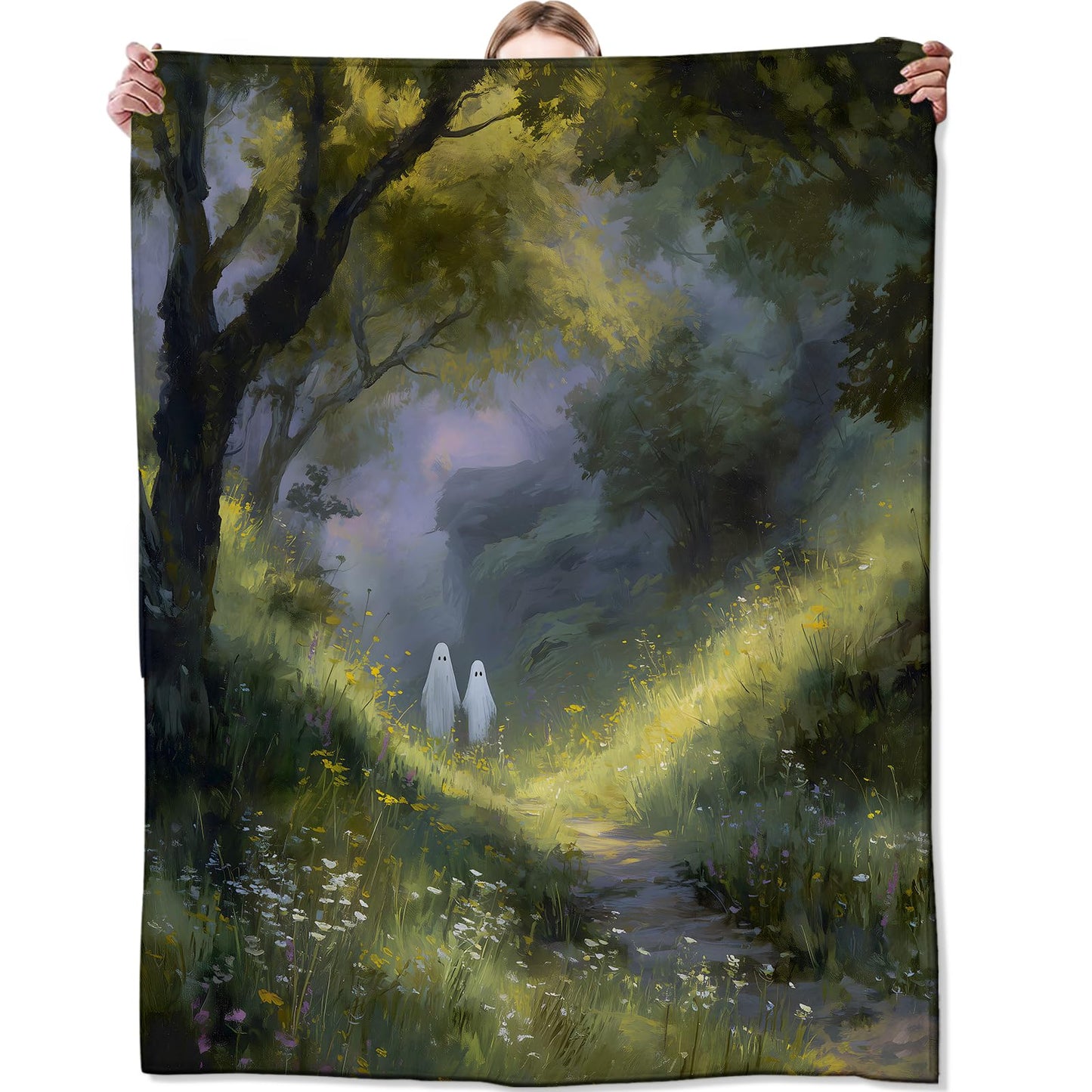 Zeleda Cute Ghost Blanket, Gifts for Fantasy and Holiday Lovers, Lightweight Flannel Throw Blankets, Whimsical Forest Path with Gothic Throws Home Decor, for Couch Living Room Office, 60x50inch