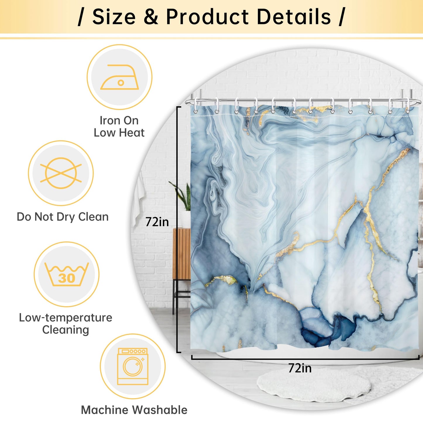 Mayormyth Blue Marble Shower Curtain Modern Abstract Shower Curtains for Bathroom Decor Luxury Ink Texture Shower Curtain Set with Hooks Polyester Waterproof Cloth Fabric with Hooks