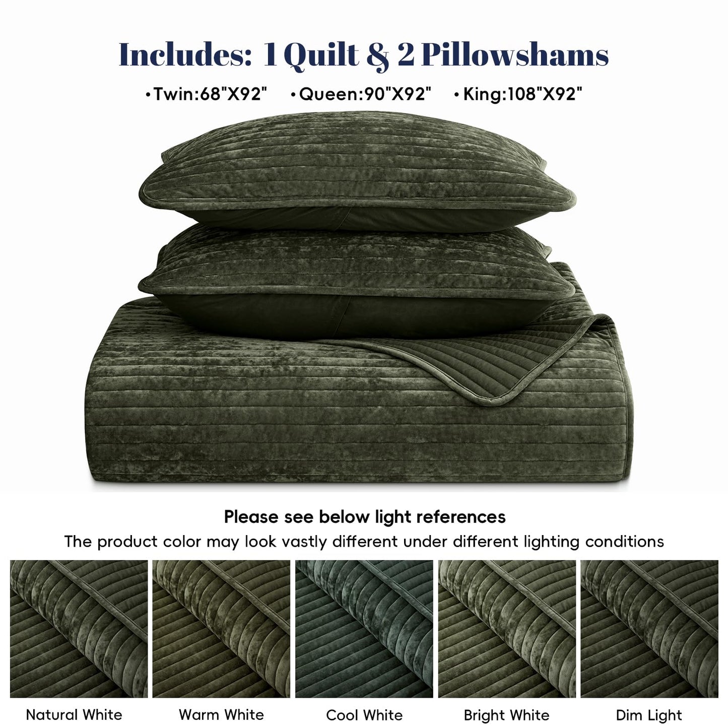 PHF Luxury Velvet Quilt Set Queen Size – 3PCS Ultra Soft Quilted Comforter Alternative with Striped Channel, Cozy Quilted Bedspread, 1 Coverlet with 2 Matching Shams, 90" x 92", Smokey Olive