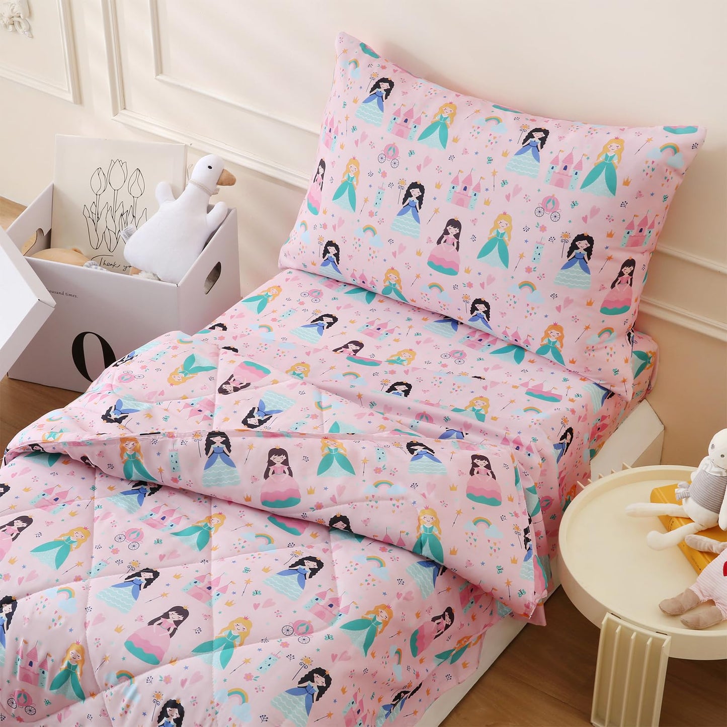 LONAVA Toddler Kids Comforter Set - 4 Pieces Toddler Bedding Sets for Boys Girls Children, Ultra Soft Microfiber Bed in A Bag with Flat Fitted Sheets, Princess